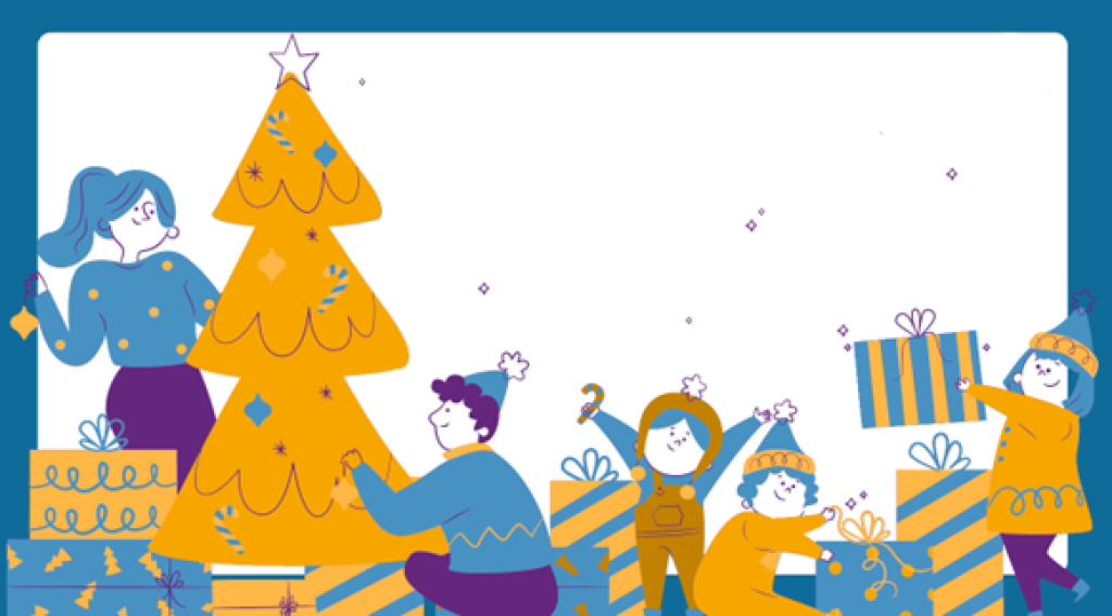Cartoon family decorate a Christmas tree and hold up presents all coloured in blue, purple and yellow.